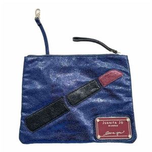 Juanita Jo Blue Metallic Wristlet Clutch Purse Lipstick Design Zip Bag